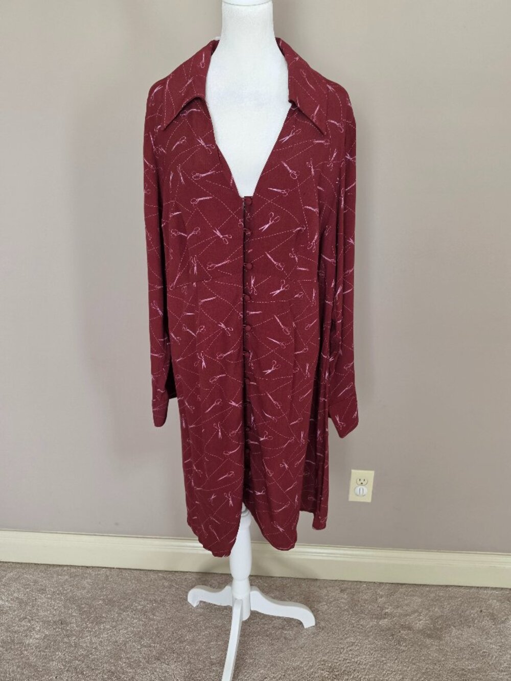 Modcloth A Cut Above Average Scissors Print Rich Burgundy Shirt Dress Size 16W